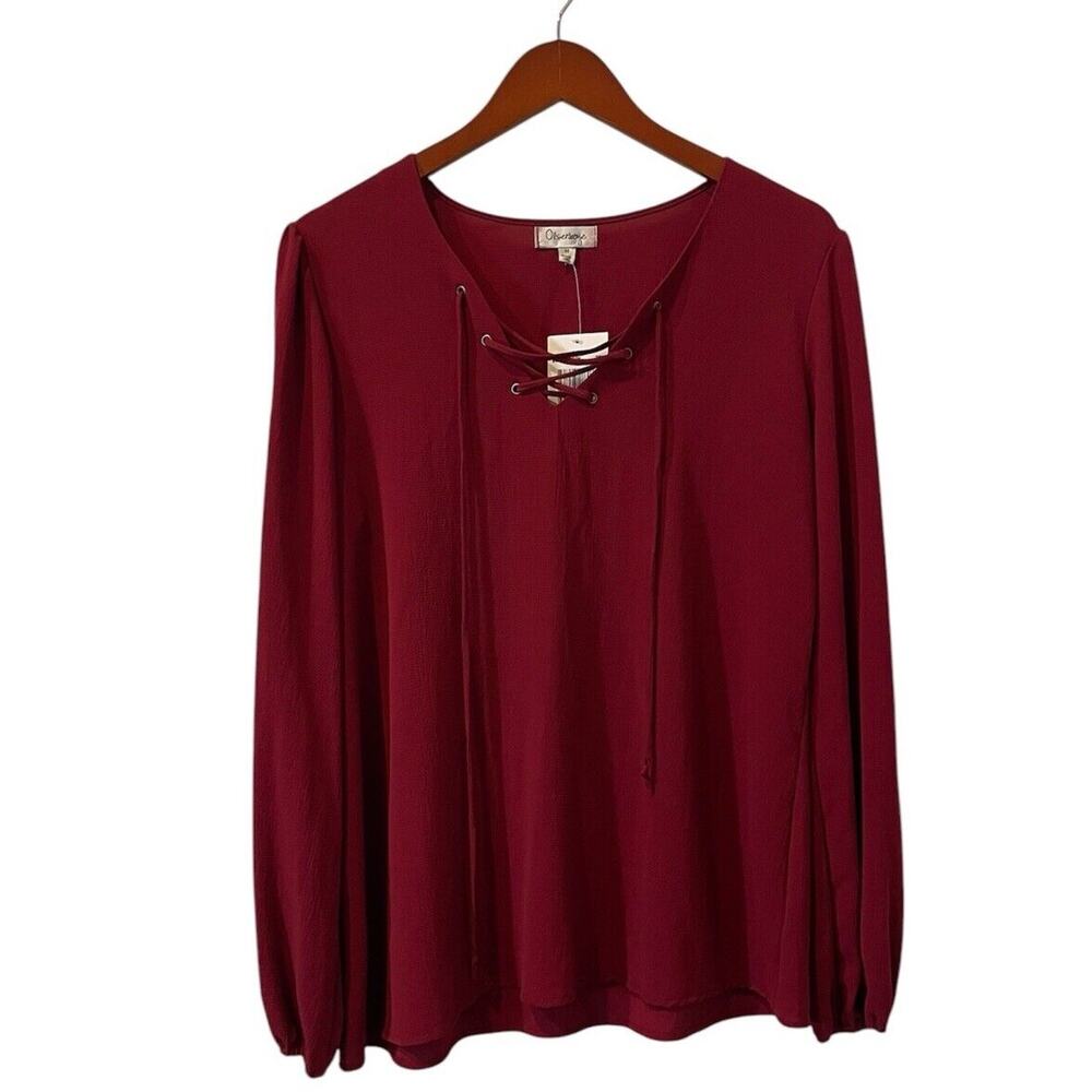 Olsenboye Women's Burgundy Sheer Long Sleeve Tie Front Top Size Medium NWT